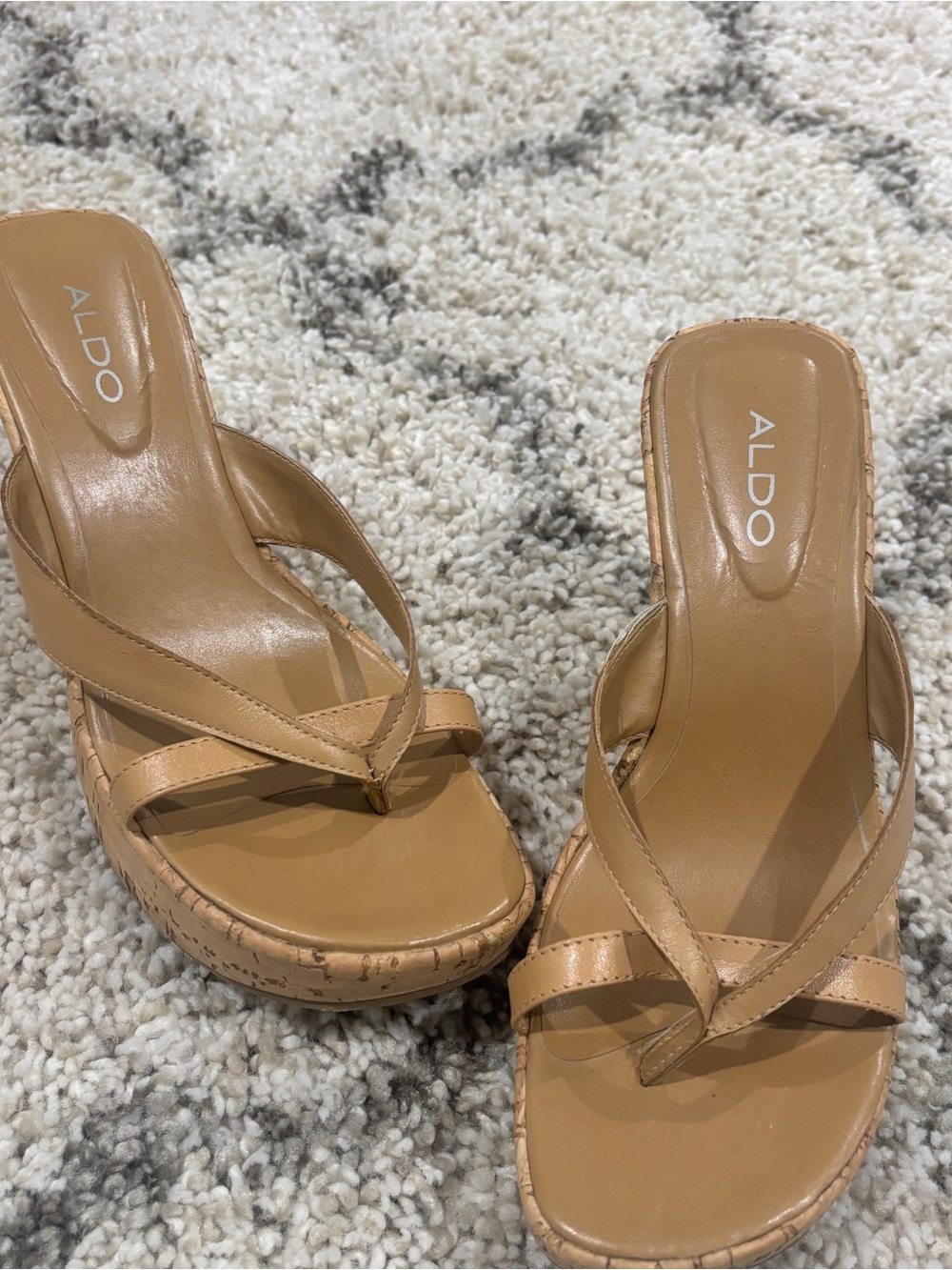ALDO Tan Leather Cork-Effect Wedge Thong Sandals